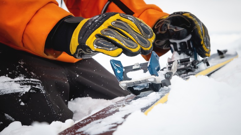 Closeup on ski bindings 