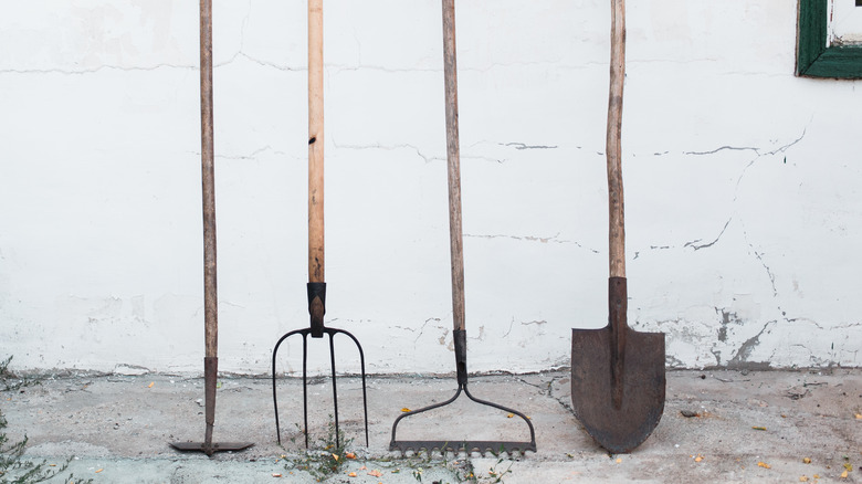 Closeup on rusty garden tools 