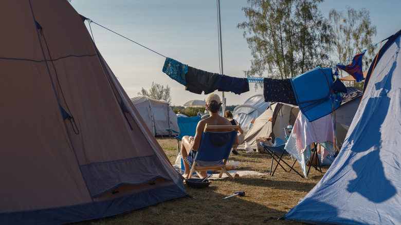 Clothesline with items hanging in campsite