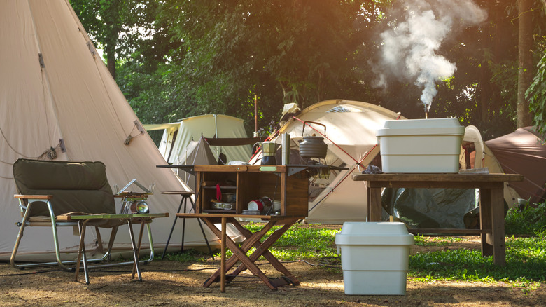 Organized campsite with plastics containers