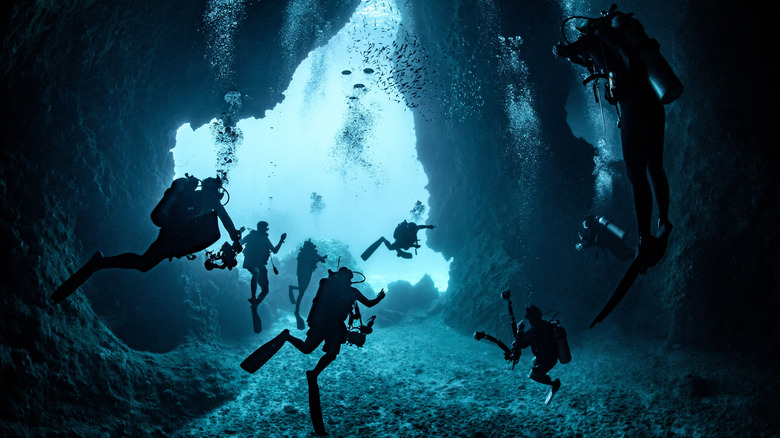 Group of divers in an underwater cave