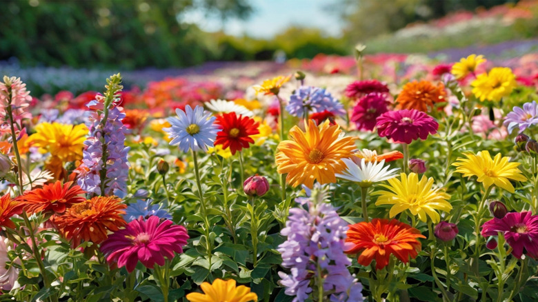 Spring garden with many colorful blooms