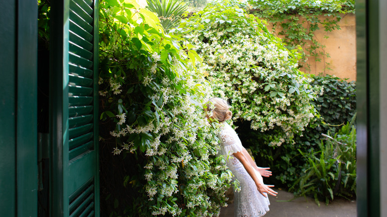 Young gardener smelling jasmine