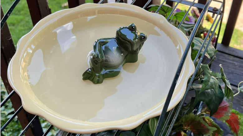 Whimsical pie plate bird feeder with frog figurine