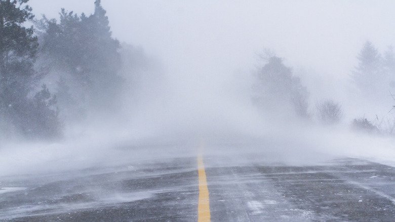 Blizzard with snow blowing across road