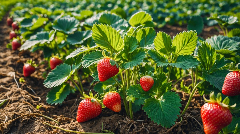 Ripe red strawberries growing in a garden