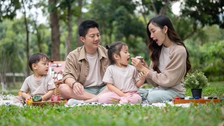 family sitting on picnic blanket