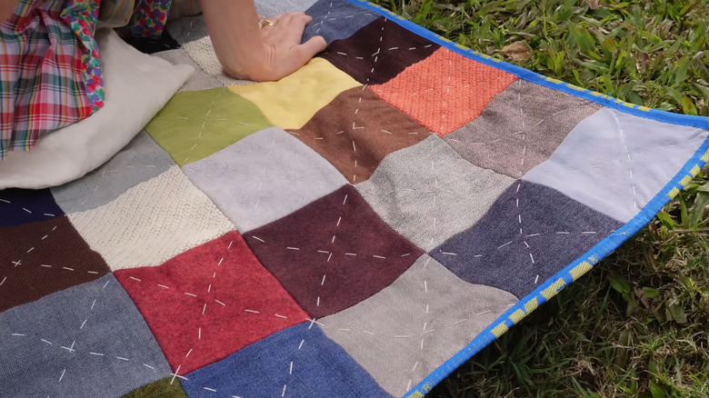 A closeup of a completed DIY blanket backing from IKEA bags.