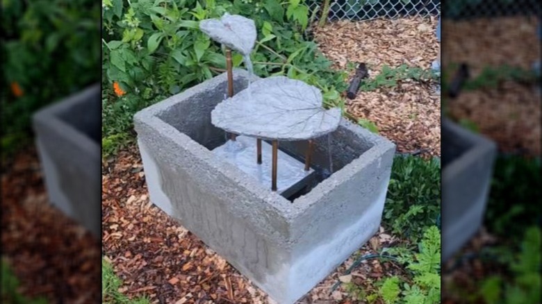 finished DIY rhubarb leaf birdbath from thehobbyhomestead on TikTok