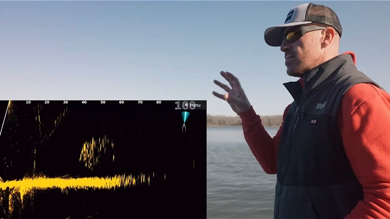 Angler on the water explaining a forward-facing sonar readout