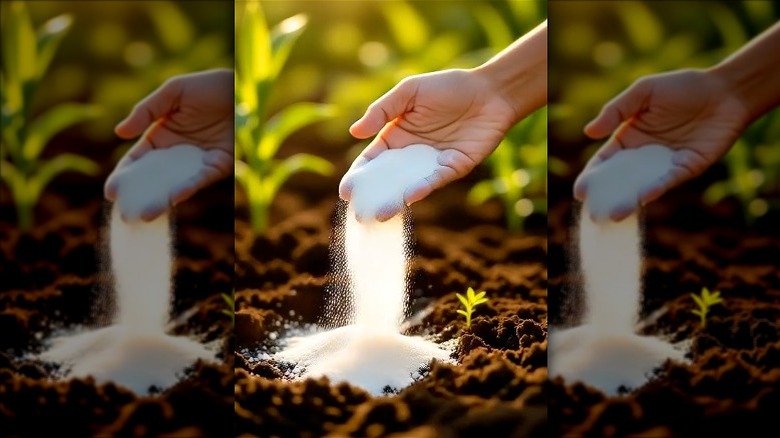 gardener spilling cornstarch on soil in garden