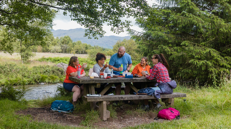 Friends eating at a picnic table