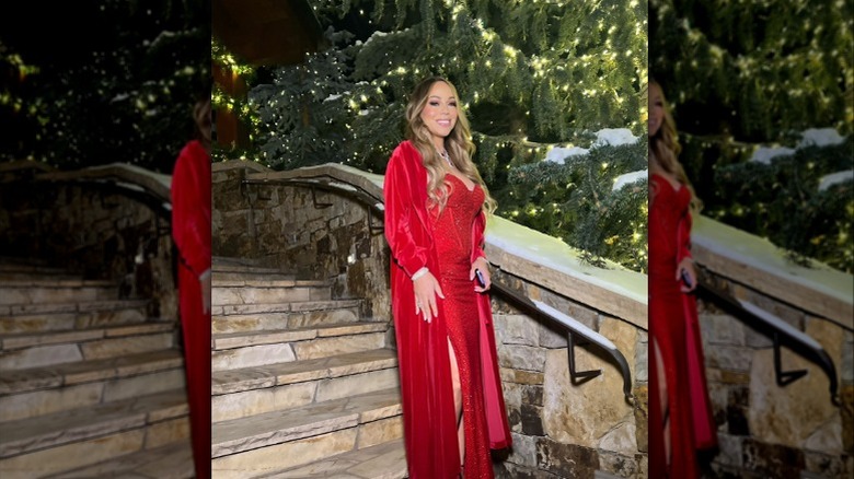 Mariah Carey in front of trees wrapped in lights