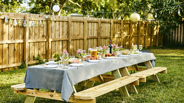 Dining setup by wooden fence in a backyard