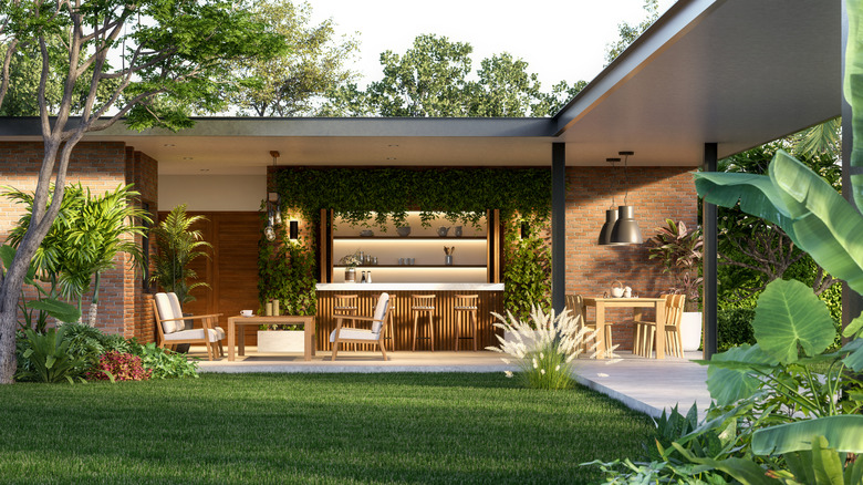 A modern home with a private outdoor garden