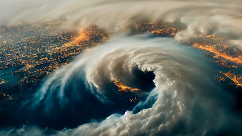 Aerial view of cyclone over city