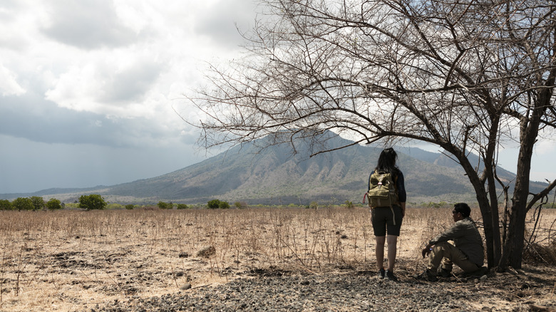 Pair of hikers sitting under barren tree in desert