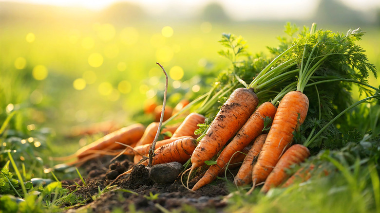 A bunch of freshly pulled carrots in the garden