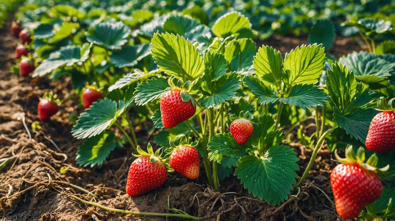 Rows of strawberry plants produce ripe fruit