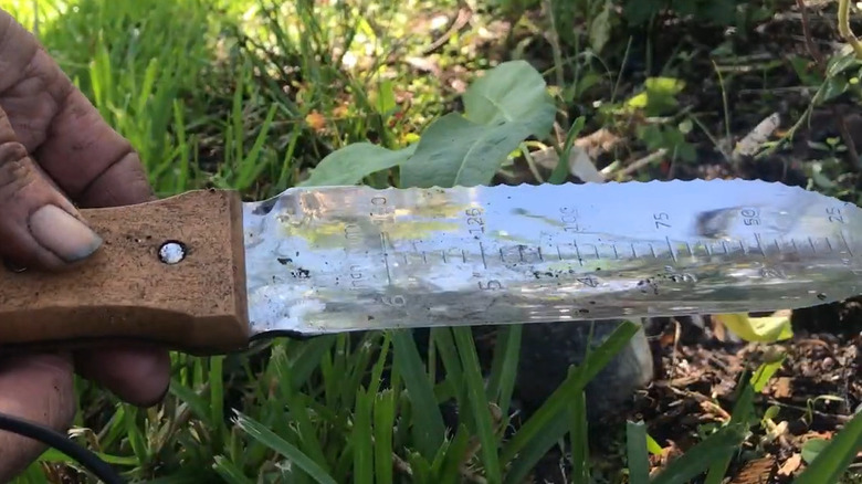 A gardener holding a hori hori knife over grass and dirt.