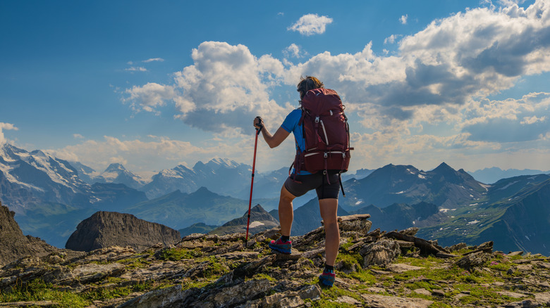 A woman in a blue shirt standing at a summit overlooking distant mountains holding a hiking stick.