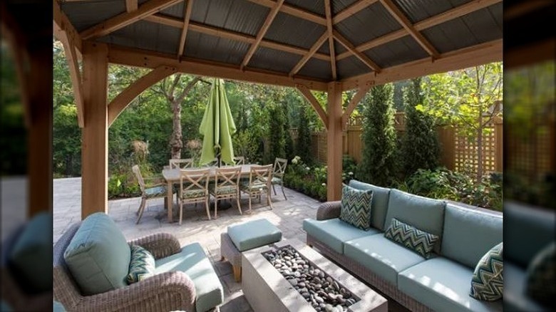 inside Yardistry gazebo with patio furniture