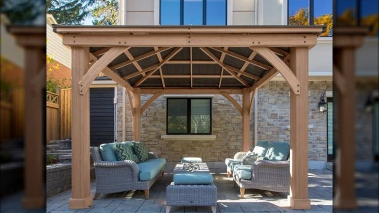 Yardistry gazebo kit fully assembled in backyard