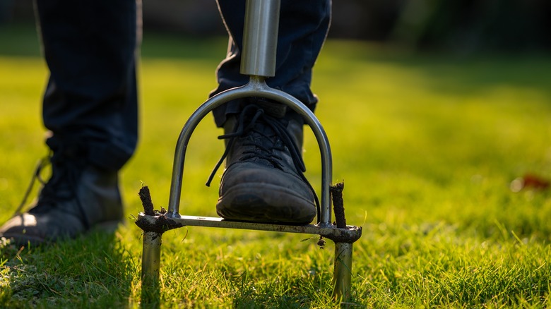 Man using foot aerator on lawn