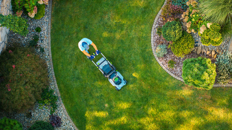 Overhead view of someone mowing a lawn