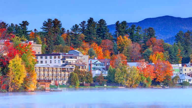 Lake Placidvshoreline with mountains in the rear