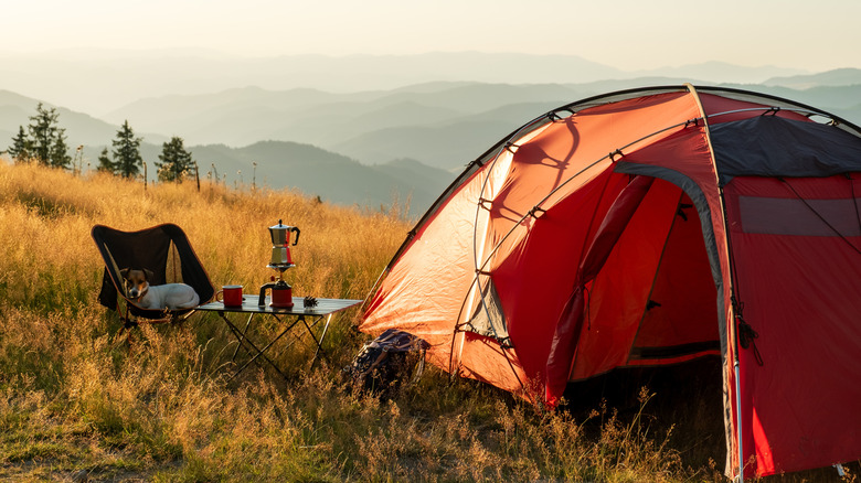 A tent stands before a foggy backdrop of mountains and rolling fields