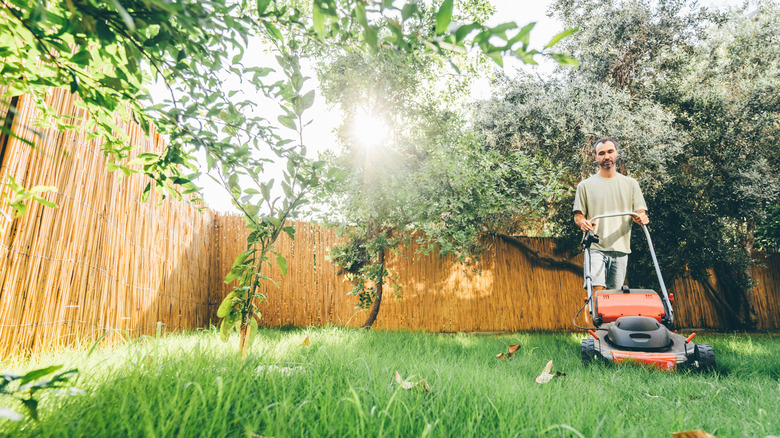 Man mowing overgrown small yard