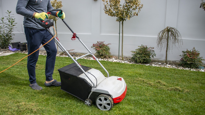 Man mowing with cord-powered electric lawn mower