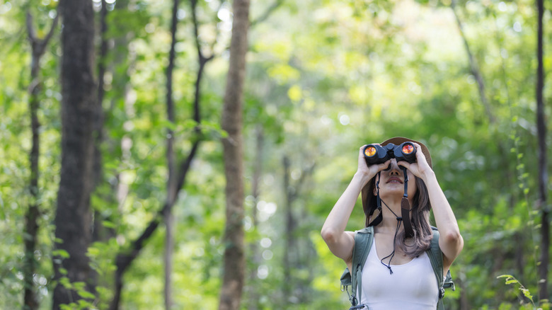 Woman with binoculars watching birds