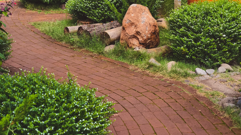 A garden path made with red bricks