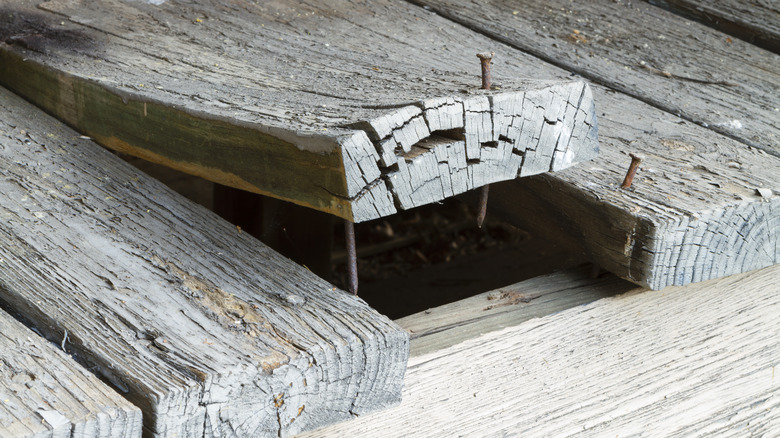 Rusy nails in a warped deck board