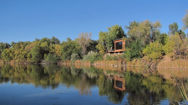 Lush greenery and the visitor center along the banks of Fountain Creek