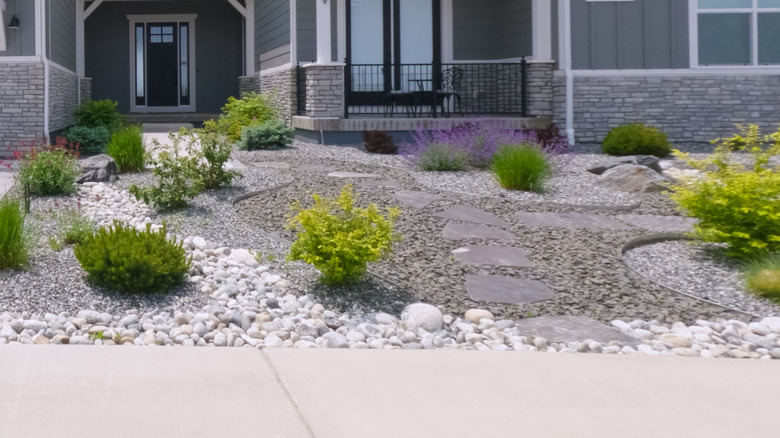 Garden in front of a home with small shrubs surrounded by rocks