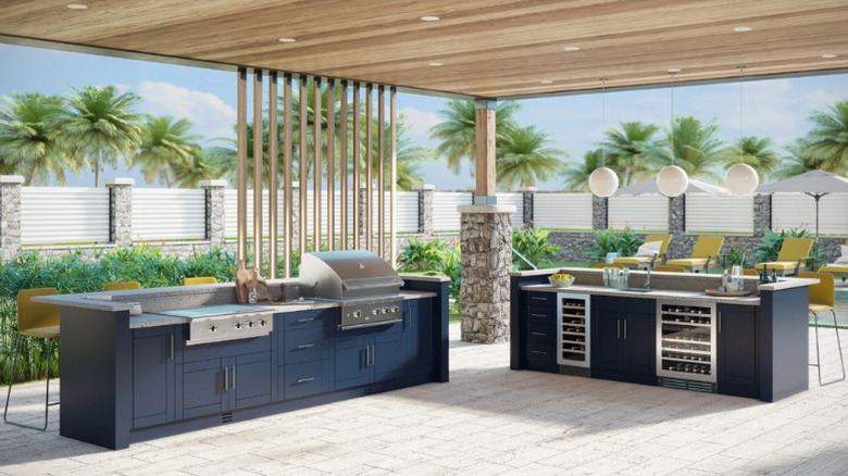 Navy-colored custom assembled units from WeatherStrong, fitted with various appliances