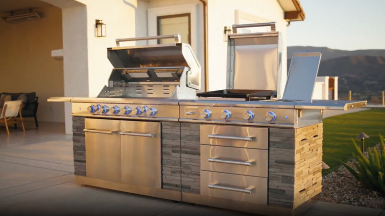 The Kirkland Signature Stone Island 12-Burner Gas Grill with its stone-effect aesthetic