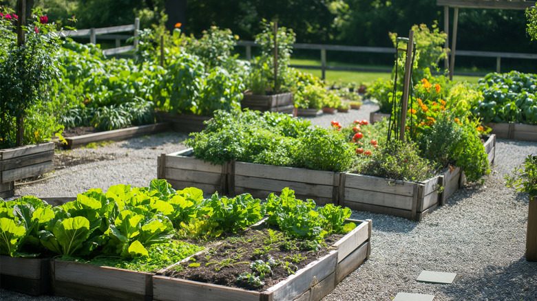A vegetable garden with raised beds