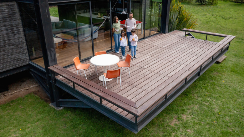 Family out on their wooden deck