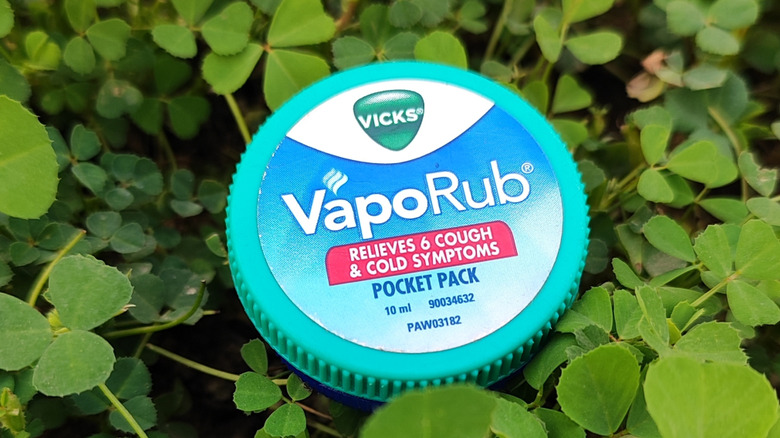 Vick's container on ground in clover