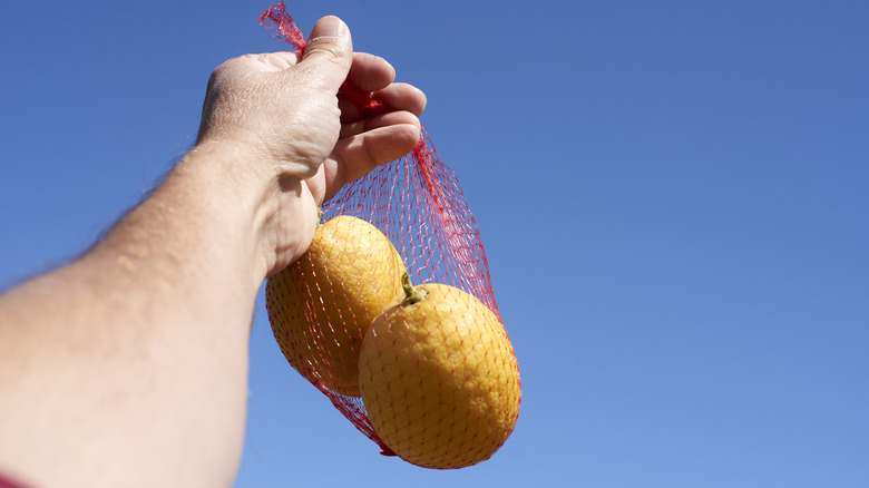 Holding mesh bag with oranges to the sky