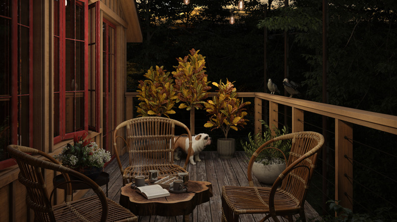 A dimly lit patio at night