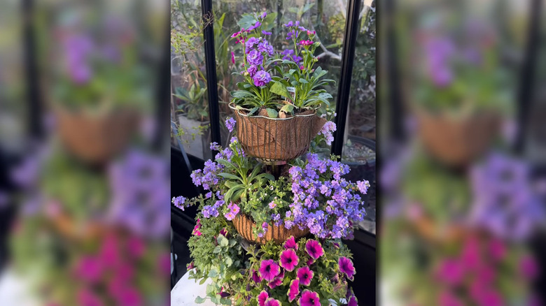tiered planter made from fruit baskets