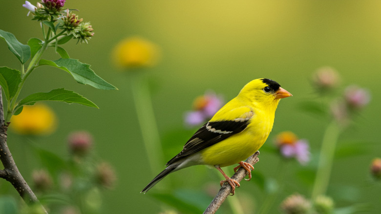 goldfinch perched on a tree limb in summer