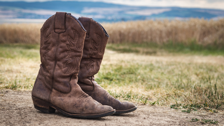 Used pair of cowboy boots on a dirt patch with grass and mountains in the background