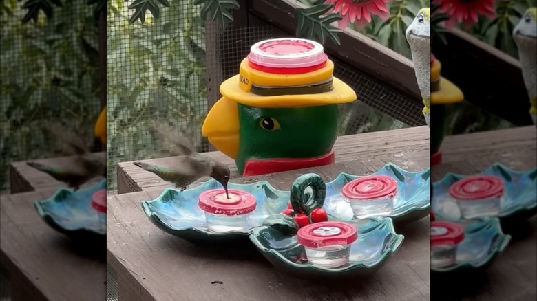 Repurposing a candy dish into a hummingbird feeder