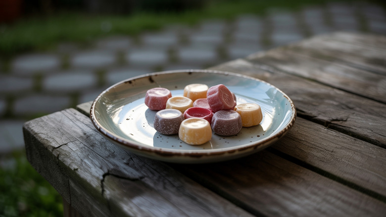 Candies sitting in a candy dish on an outdoor picnic table.